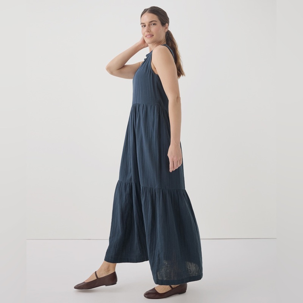 NWT✨ PACT organic French Navy Coastal Double Gauze Ruffle Maxi Dress - Picture 6 of 12